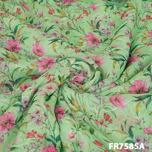 Embroidered Printed Chinon Fabric- FR7585